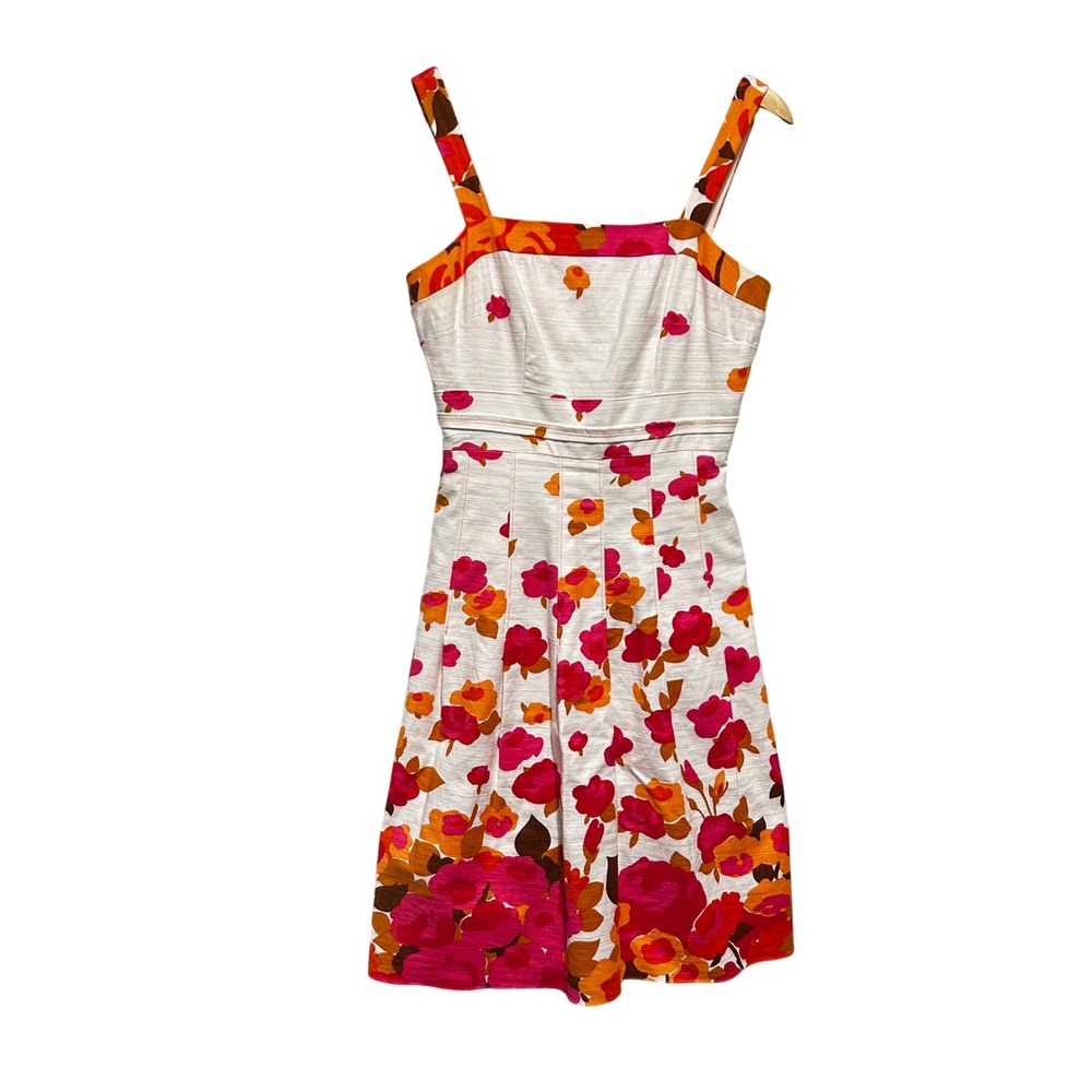 Adrianna Papell Dress 8 Floral Fit Flare Pink Orange Linen‎ Blend Garden Cottage